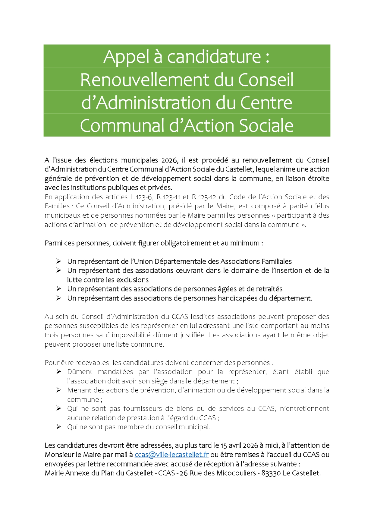 avis appel candidature asso pour ca